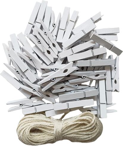 1.9 Inch White Small Clothes Pins Paper Picture School Work Holders Baby Shower Clothing Line Clips with Twine Pack 50 in Kuwait