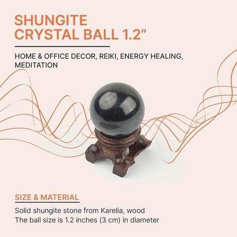 تراث Karelian 30 مم 1.2 بوصة كرة بلورية واضحة مع الخشب حامل الحجر السوداء الكرة السوداء Fengshui shungite كرات S584 in Kuwait