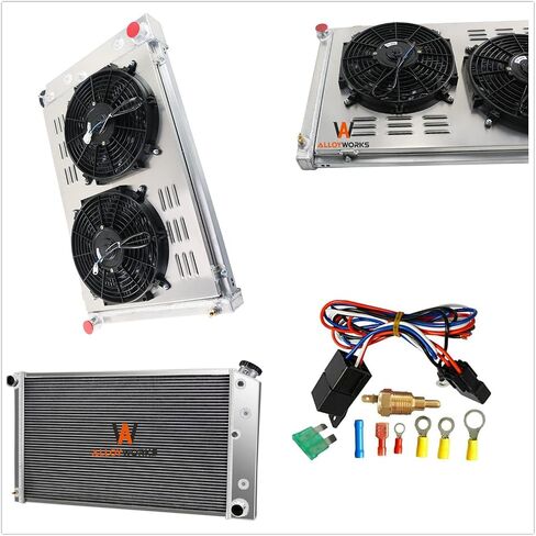 Alloyworks 4 Row Aluminium Shawatiator SHORD FAN RELAY KIT لعام 1968-1990 CHEVY C K SERIES 10 20 30 Pickup Chevelle El Camino Buick GMC V8 في MT 28 "Cross Crosswow Wide in Saudi Arabia