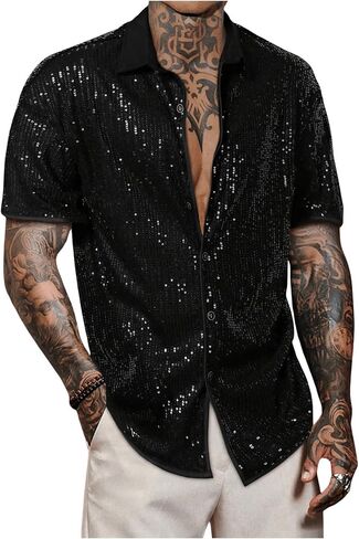 Men's Sequin Button Down Shirts Sparkle 70s Disco Short Sleeve Party Shirt Tops in Saudi Arabia