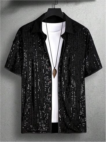 Men's Sequin Button Down Shirts Sparkle 70s Disco Short Sleeve Party Shirt Tops in Saudi Arabia