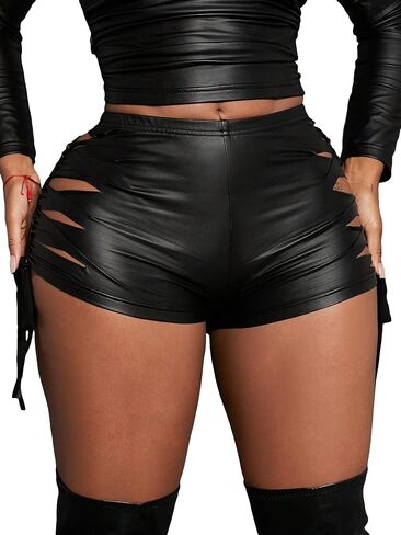 OYOANGLE Women's Pu Leather High Waisted Cut Out Skinny Stretch Biker Yoga Party Shorts in Saudi Arabia