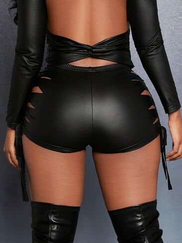 OYOANGLE Women's Pu Leather High Waisted Cut Out Skinny Stretch Biker Yoga Party Shorts in Saudi Arabia