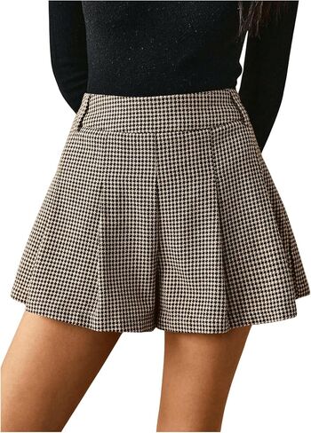 MakeMeChic Women's Houndstooth Print Shorts Pleated Elastic Waist Casual Business Skorts in Kuwait