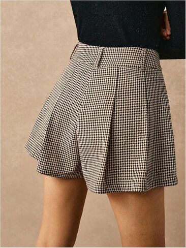 MakeMeChic Women's Houndstooth Print Shorts Pleated Elastic Waist Casual Business Skorts in Kuwait