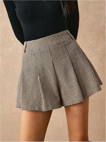 MakeMeChic Women's Houndstooth Print Shorts Pleated Elastic Waist Casual Business Skorts in Kuwait