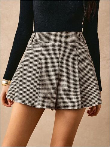 MakeMeChic Women's Houndstooth Print Shorts Pleated Elastic Waist Casual Business Skorts in Kuwait