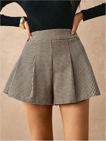 MakeMeChic Women's Houndstooth Print Shorts Pleated Elastic Waist Casual Business Skorts in Kuwait