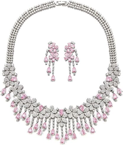 EVER FAITH Bridal Jewelry for Bride Bridesmaid, Elegant Cubic Zirconia Birthstone Cluster Flower Teardrop Wedding Party Necklace Dangle Earrings Sets for Women in Saudi Arabia