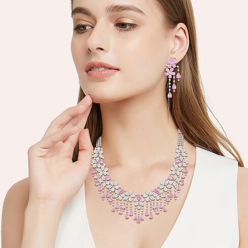 EVER FAITH Bridal Jewelry for Bride Bridesmaid, Elegant Cubic Zirconia Birthstone Cluster Flower Teardrop Wedding Party Necklace Dangle Earrings Sets for Women in Saudi Arabia