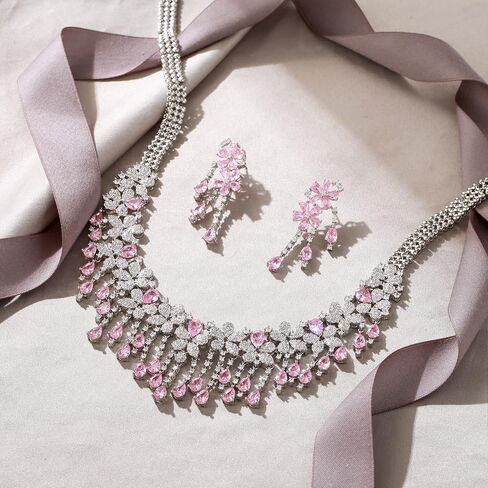 EVER FAITH Bridal Jewelry for Bride Bridesmaid, Elegant Cubic Zirconia Birthstone Cluster Flower Teardrop Wedding Party Necklace Dangle Earrings Sets for Women in Saudi Arabia