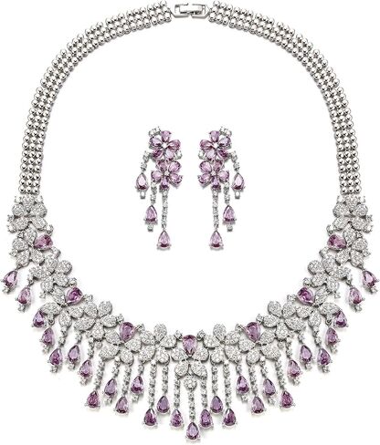 EVER FAITH Bridal Jewelry for Bride Bridesmaid, Elegant Cubic Zirconia Birthstone Cluster Flower Teardrop Wedding Party Necklace Dangle Earrings Sets for Women in Saudi Arabia