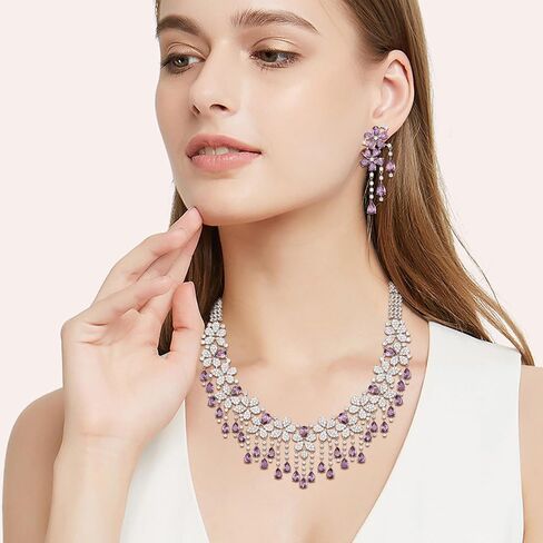 EVER FAITH Bridal Jewelry for Bride Bridesmaid, Elegant Cubic Zirconia Birthstone Cluster Flower Teardrop Wedding Party Necklace Dangle Earrings Sets for Women in Saudi Arabia
