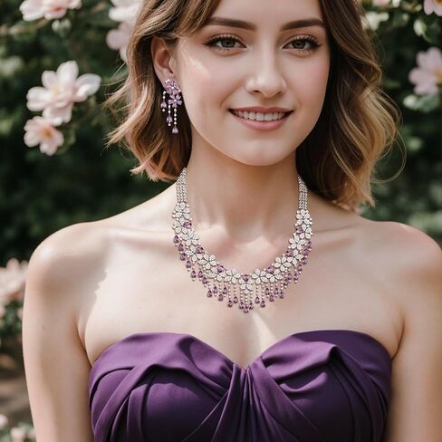 EVER FAITH Bridal Jewelry for Bride Bridesmaid, Elegant Cubic Zirconia Birthstone Cluster Flower Teardrop Wedding Party Necklace Dangle Earrings Sets for Women in Saudi Arabia