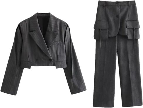 Women's Set Stripe Decoration Spliced Sleeve Coat Pants Outer Skirt Suit in Saudi Arabia