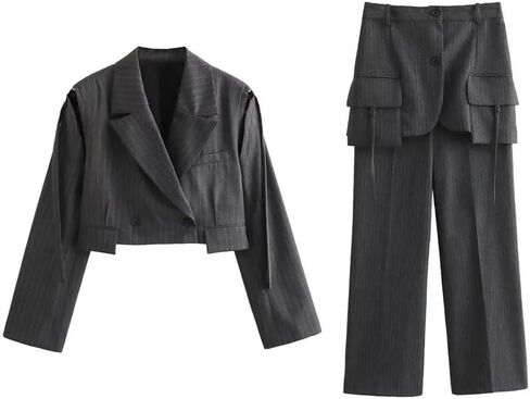 Women's Set Stripe Decoration Spliced Sleeve Coat Pants Outer Skirt Suit in Saudi Arabia