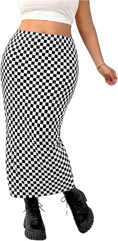 WDIRARA Women's Plus Size Checkered Maxi Skirt High Waisted Bodycon Pencil Skirts in Saudi Arabia