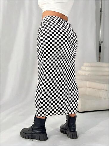 WDIRARA Women's Plus Size Checkered Maxi Skirt High Waisted Bodycon Pencil Skirts in Saudi Arabia