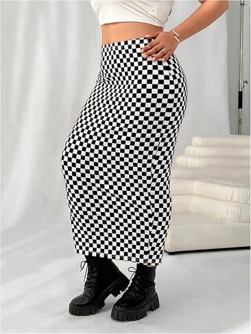 WDIRARA Women's Plus Size Checkered Maxi Skirt High Waisted Bodycon Pencil Skirts in Saudi Arabia
