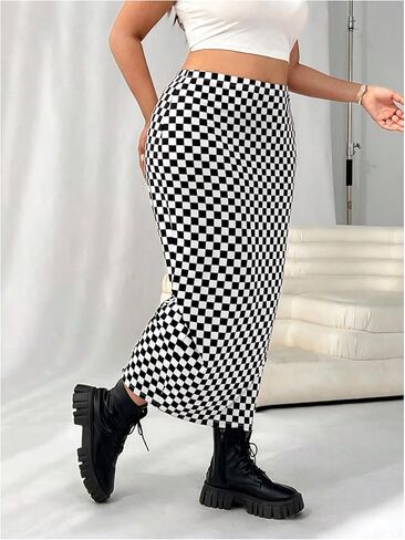 WDIRARA Women's Plus Size Checkered Maxi Skirt High Waisted Bodycon Pencil Skirts in Saudi Arabia