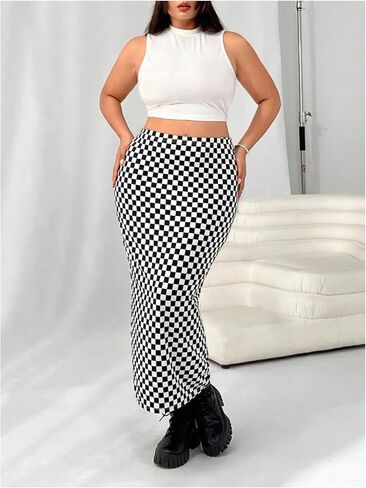 WDIRARA Women's Plus Size Checkered Maxi Skirt High Waisted Bodycon Pencil Skirts in Saudi Arabia