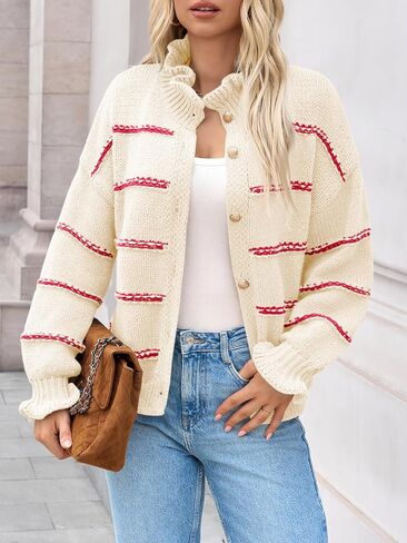 Saodimallsu Womens Striped Cardigan Sweaters Button Up Ruffle Open Front Chunky Knit Loose Fall Sweater Coats in Saudi Arabia