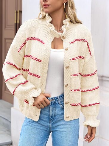 Saodimallsu Womens Striped Cardigan Sweaters Button Up Ruffle Open Front Chunky Knit Loose Fall Sweater Coats in Saudi Arabia