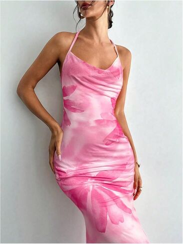 Gorglitter Women's Floral Mesh Bodycon Fishtail Maxi Dresses Open Bow Bow Tie Boy Birthth in Kuwait
