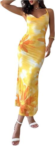 Gorglitter Women's Floral Mesh Bodycon Fishtail Maxi Dresses Open Bow Bow Tie Boy Birthth in Kuwait