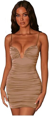 Hlsin Women's Sexy Spaghetti Straps Ruched zip Back Mini Bodycon Satin Tank Dress in Kuwait