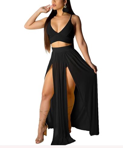 Aro Lora Women's Sexy V Neck Floral Printed Side Slit Two-Piece Maxi Dress in Kuwait