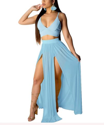 Aro Lora Women's Sexy V Neck Floral Printed Side Slit Two-Piece Maxi Dress in Kuwait