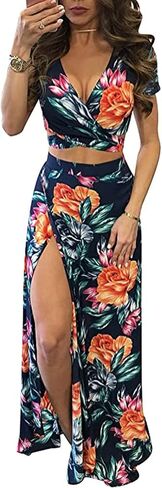 Aro Lora Women's Sexy V Neck Floral Printed Side Slit Two-Piece Maxi Dress in Kuwait