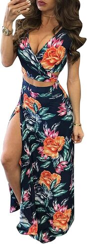 Aro Lora Women's Sexy V Neck Floral Printed Side Slit Two-Piece Maxi Dress in Kuwait