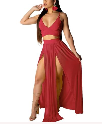 Aro Lora Women's Sexy V Neck Floral Printed Side Slit Two-Piece Maxi Dress in Kuwait