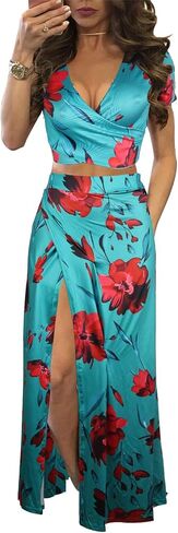 Aro Lora Women's Sexy V Neck Floral Printed Side Slit Two-Piece Maxi Dress in Kuwait