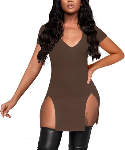 Rooscier Women's Summer V Neck Split Side Short Sleeve Bodycon Sexy Casual Mini Dress in Saudi Arabia