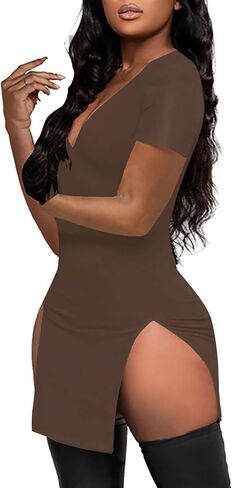 Rooscier Women's Summer V Neck Split Side Short Sleeve Bodycon Sexy Casual Mini Dress in Saudi Arabia