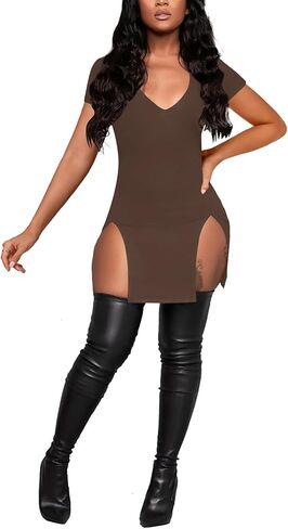 Rooscier Women's Summer V Neck Split Side Short Sleeve Bodycon Sexy Casual Mini Dress in Saudi Arabia