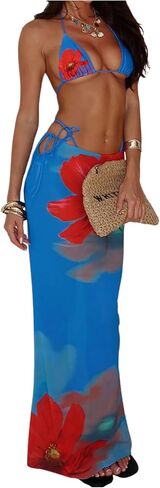 Women's 3 Piece Floral Cheeky Bikini Sets Halter String Swimsuit with Mesh Beach Cover Up Skirt in Saudi Arabia