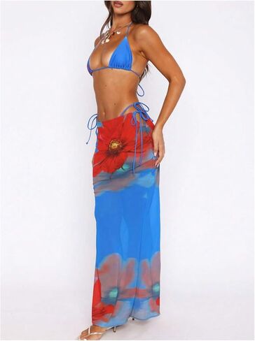 Women's 3 Piece Floral Cheeky Bikini Sets Halter String Swimsuit with Mesh Beach Cover Up Skirt in Saudi Arabia