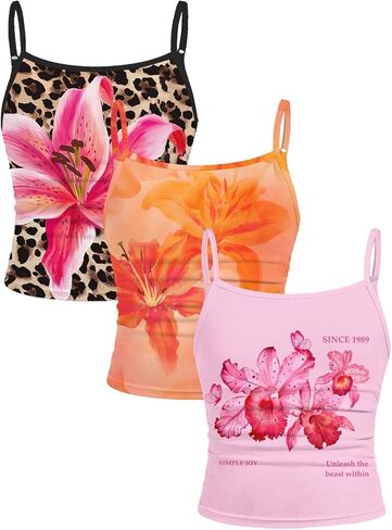 Girl's 3 Packs Cheetah Leopard Floral Tank Top Spaghetti Strap Fitted Summer Cute Camisole Tops in Saudi Arabia