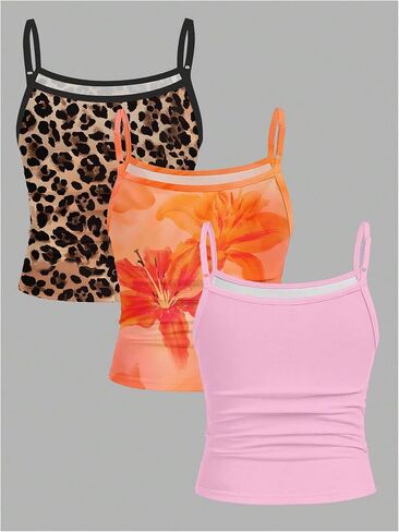Girl's 3 Packs Cheetah Leopard Floral Tank Top Spaghetti Strap Fitted Summer Cute Camisole Tops in Saudi Arabia