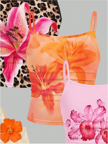 Girl's 3 Packs Cheetah Leopard Floral Tank Top Spaghetti Strap Fitted Summer Cute Camisole Tops in Saudi Arabia