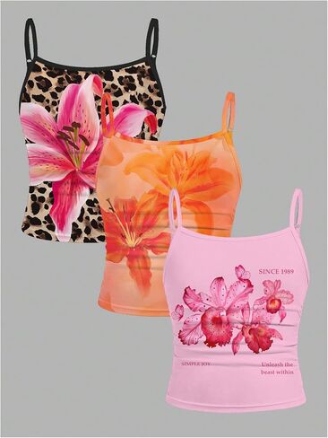Girl's 3 Packs Cheetah Leopard Floral Tank Top Spaghetti Strap Fitted Summer Cute Camisole Tops in Saudi Arabia