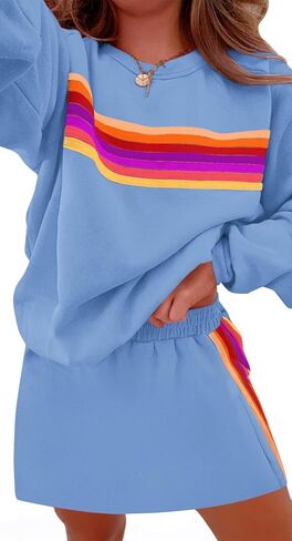 Yousify Womens 2 Piece Outfits Rainbow Striped Long Sleeve Sweatshirt Mini Skirts Sets Casual Loose Sweatsuits Loungewear in Kuwait