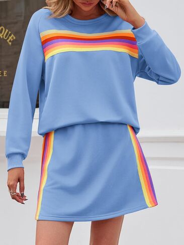 Yousify Womens 2 Piece Outfits Rainbow Striped Long Sleeve Sweatshirt Mini Skirts Sets Casual Loose Sweatsuits Loungewear in Kuwait