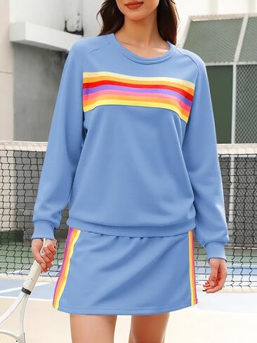 Yousify Womens 2 Piece Outfits Rainbow Striped Long Sleeve Sweatshirt Mini Skirts Sets Casual Loose Sweatsuits Loungewear in Kuwait