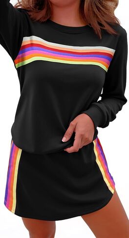 Yousify Womens 2 Piece Outfits Rainbow Striped Long Sleeve Sweatshirt Mini Skirts Sets Casual Loose Sweatsuits Loungewear in Kuwait