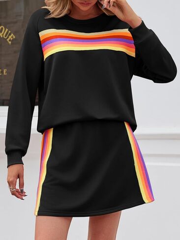 Yousify Womens 2 Piece Outfits Rainbow Striped Long Sleeve Sweatshirt Mini Skirts Sets Casual Loose Sweatsuits Loungewear in Kuwait